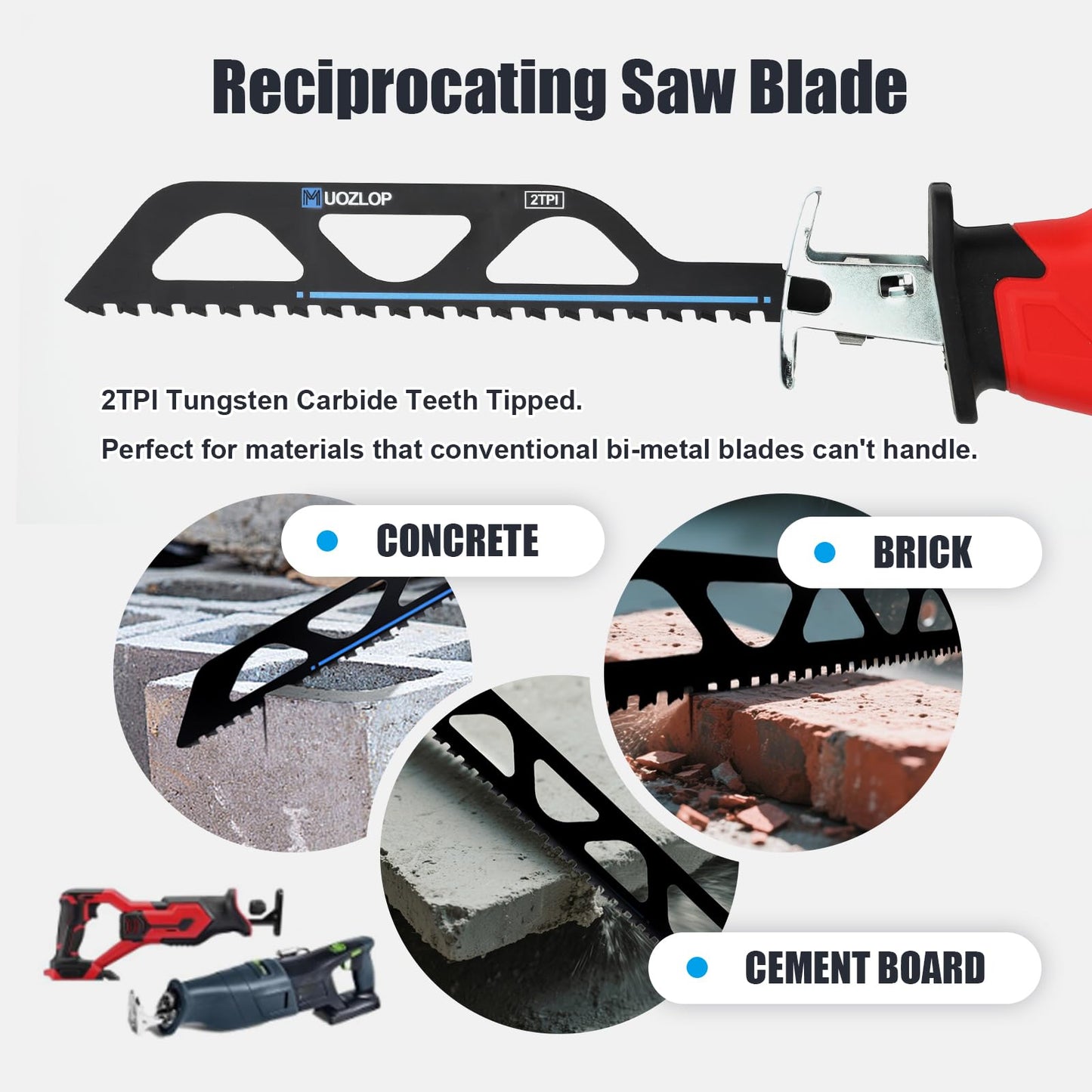 MUOZLOP 12 inch Masonry Reciprocating Saw Blades,2TPI Carbide Blade Strong teeths for Cutting Brick, Cement, Porous Concrete,5 Pack (5, 12 inch)