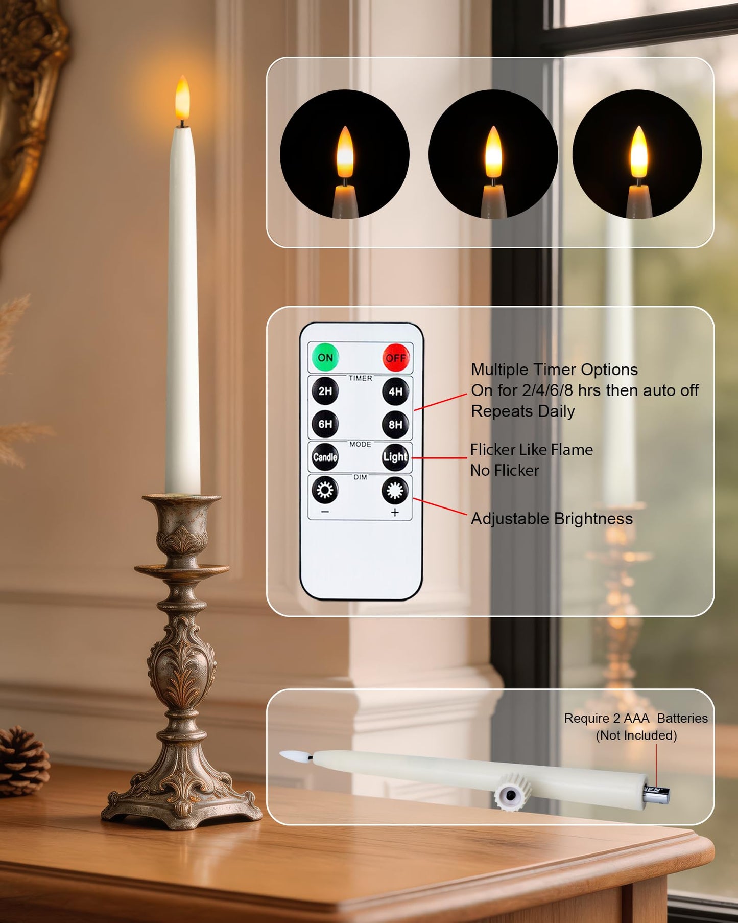 Homemory 11 inches Waxy Flameless Taper Candles with Remote Timer Dimmer, 3 Pcs Battery Operated Taper Candles with Flickering Flame, White LED Candlesticks for Wedding, Christmas Indoor Decoration