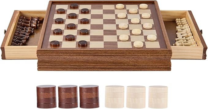 VEVOR Solid Wood Chess Set 15 inch 2-in-1 Chess Checkers Game Set Chess Board Games with Storage Drawer & Weighted Chess Checkers Pieces & 2 Queens Christmas Crafts Xmas Gift