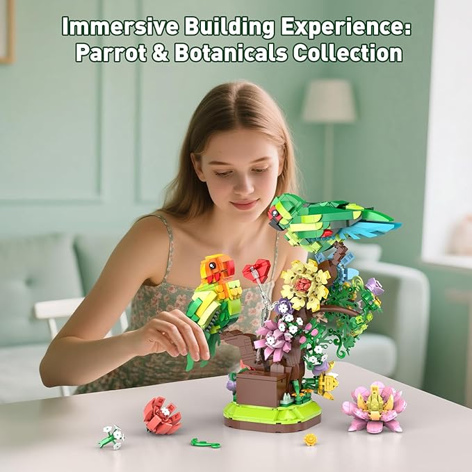 Flowers & Love Bird Building Set for Adults Flower Parrot Botanicals Decor Model Kit with LED Animal Toys Gifts Ideas for Adults and Teens Age 14+ (1050 PCS)