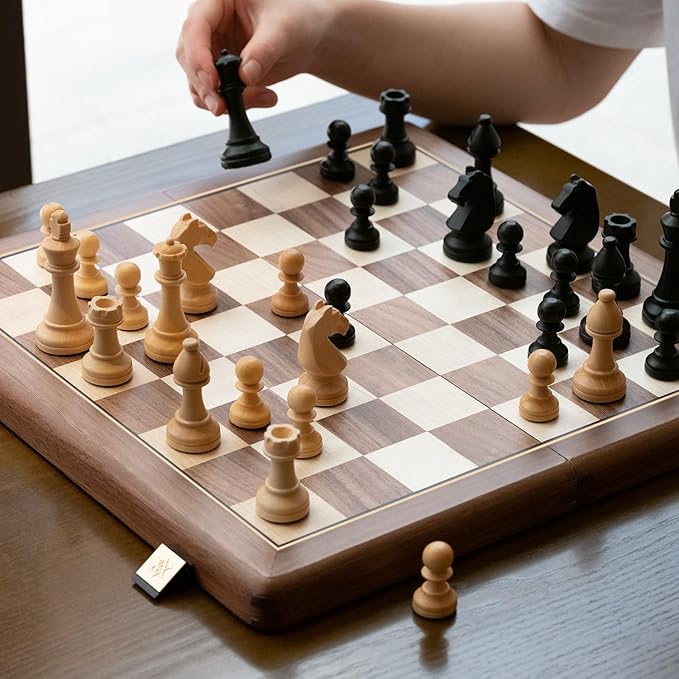 A&A Premium Folding Chess Board Game Set 15 Wooden Chess Board & 3 King Height Staunton Chess Pieces with 2 Extra Queens Portable Travel Chess Set (Natural Walnut 15 Inches)