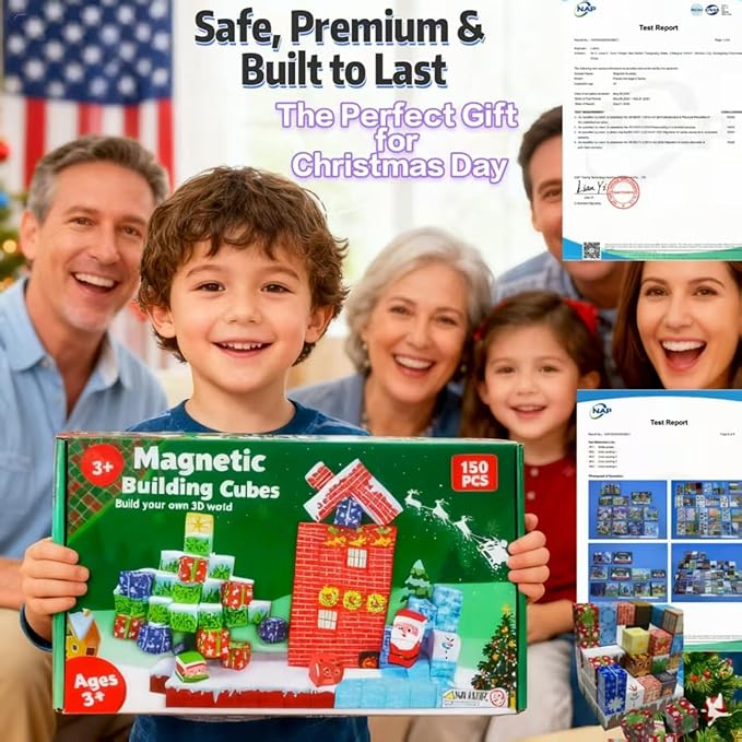 150PCS Magnetic Tiles Christmas Building Set STEM Sensory Toys with Santa & Reindeer Figures for Kids Ages 3-12 Gift Educational Magnetic Blocks for Toddler Boys Girls