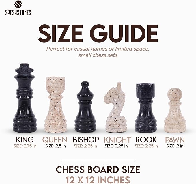 Marble Chess Set for Adults 12 Inch Black and Travertine Handmade Board Game with Storage Box Table Chess Set for Travel with Pieces & 2 Extra Queens Gifts & Home Décor