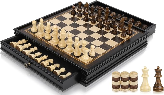 Peradix Magnetic Chess Checkers Board Sets with 2 Built-in Storage Drawers12.8 Classic 2 in 1 Wooden Games with 2 Extra Queens for Kids and AdultsTravel Portable Chess Game Set