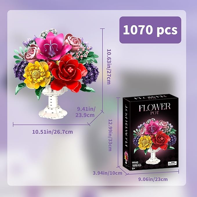 1070Pcs Flower Bouquet Building Set Artificial Fake Flowers Bridal Wedding Building Blocks Botanical Collection DIY Craft for Adults & Kids Girlfriend Wife Valentine’s Day Birthday Home Table D