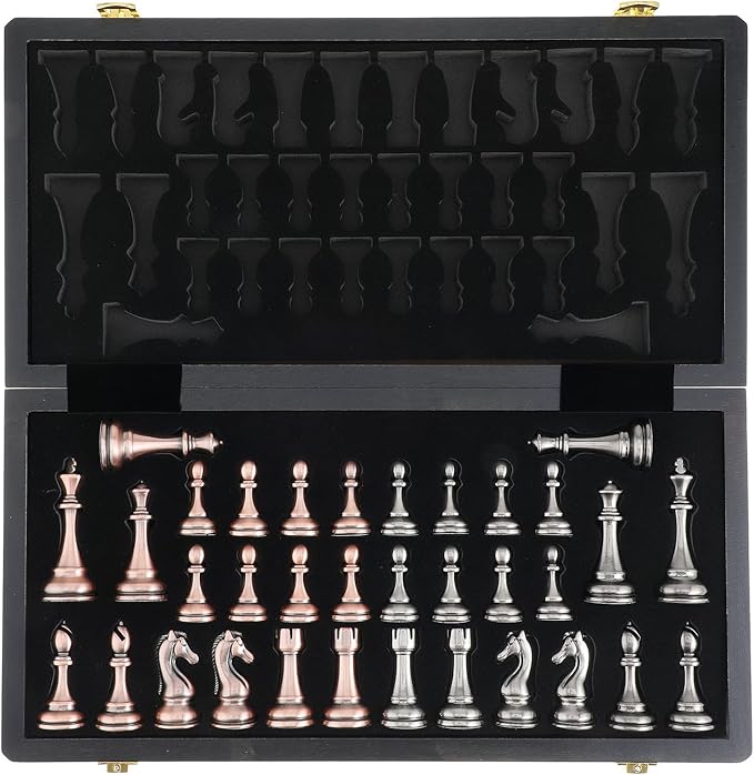 15-Inch Large Metal Chess Set for Adults and Kids with Metal Chess Pieces – Foldable Wooden Board with Storage Portable Classic Game Set for Travel & Home Elegant Gift for Chess Enthusiasts