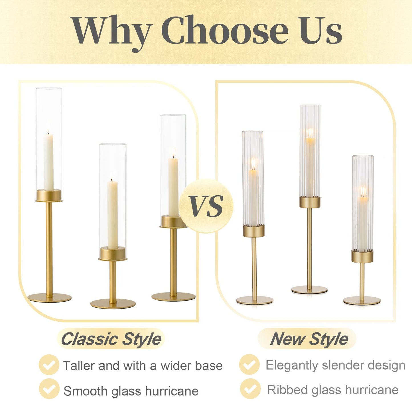 Hewory Gold Candle Holders - 6Pcs Brass Hurricane Candlestick Holders with Glass Candle Cover for Wedding Table Centerpiece Christmas Decor