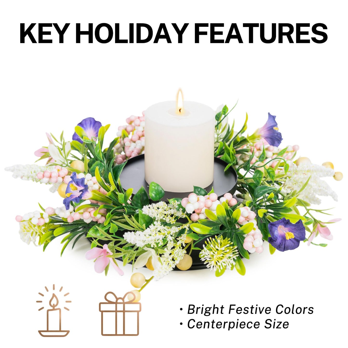 MOYEE Spring Candle Holder Centerpieces for Tables,Candle Ring, Black Metal Candlestick with an Artificial Wreath 14 in Versatile Dining Table Centrepiece (Purple Trumpet Flower Wreath)