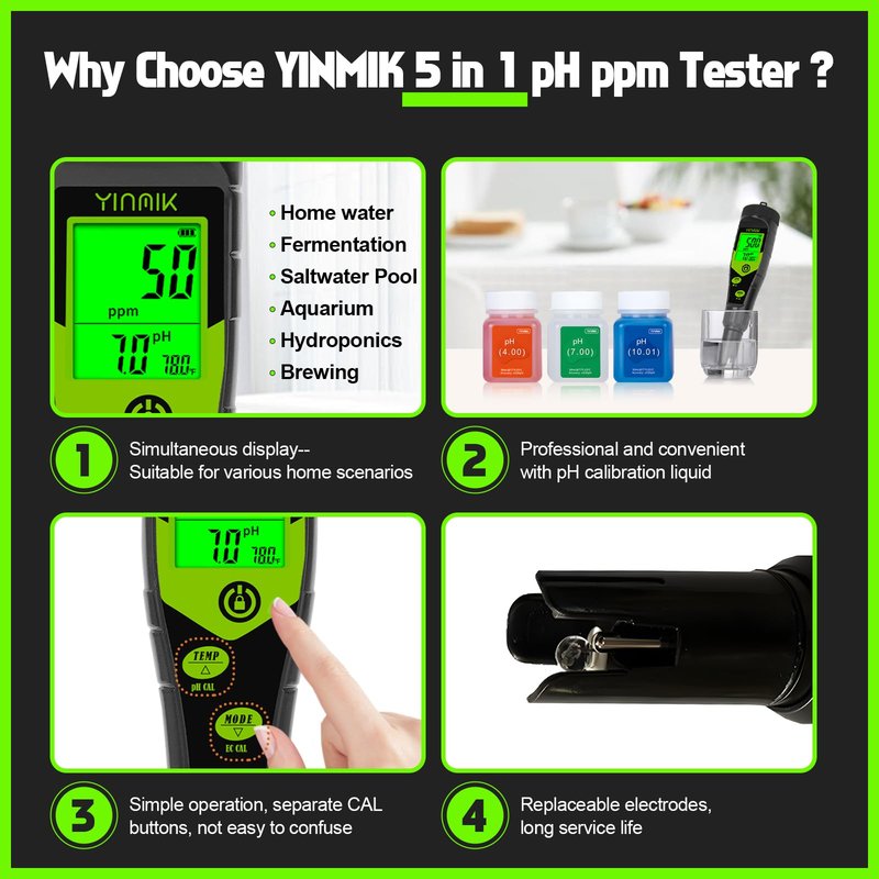 Pool Salt Tester, Digital 5 in 1 pH TDS EC Salinity Meter with Calibration Solution Kit, Simultaneous Display ppm pH for Saltwater Pool, Aquarium, Hot Tub, Spa, Hydroponics, Home Brew&Pickling