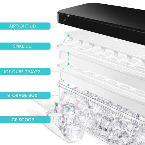 Ice Trays for Freezer with Lid & Bin, Ice Cube Tray Making 64 pcs Ice Cubes, Easy Press to Release Ice, Ice Tray with Storage Bin Chilling Cocktail Whiskey Coffee 2 Trays 1 Ice Bucket & Scoop (Black)