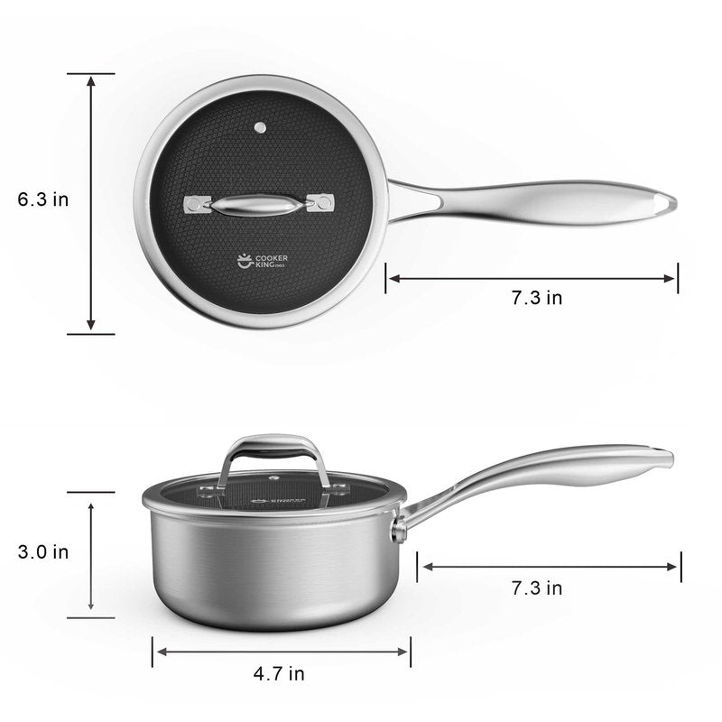 COOKER KING 1.5 Quart Stainless Steel Saucepan, Nonstick Sauce Pan, Ceramic Suce Pot with Tempered Glass Lid, Induction Pot Compatible with All Cooktops, Dishwasher & Oven Safe(PFAS/PFOA/PTFE Free)