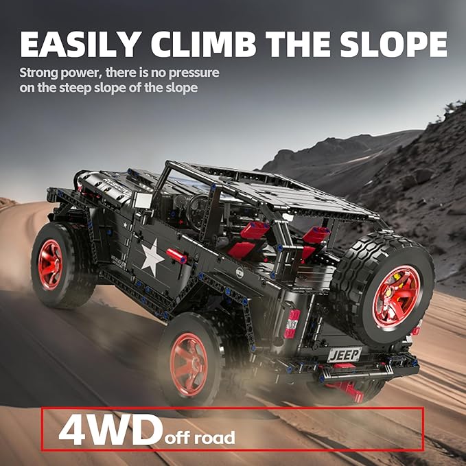 RC Off-Road SUV Wrangler Black Warrior Building Kits 1/8 Scale Pickup Truck Car with Remote Control Lights Challenge Building Blocks Gift for Technical Enthusiasts Adults & Teens Age 14+ (2272PC