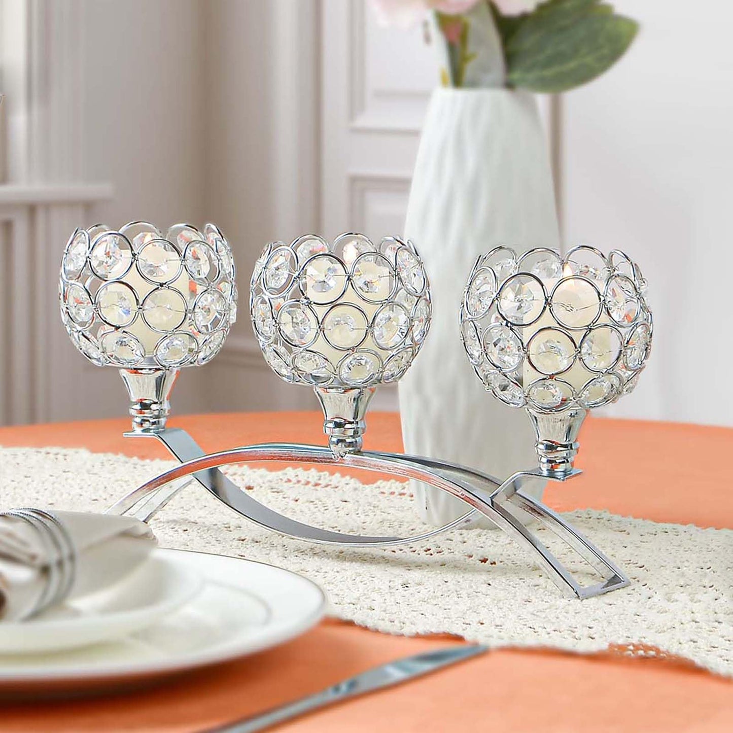 Crystal Tealight Candle Holder Centerpiece Home Decorative Candlestick Holder Elegant Table Centerpiece Home Decor Wedding Party Anniversary (Silver, 3 Arm)
