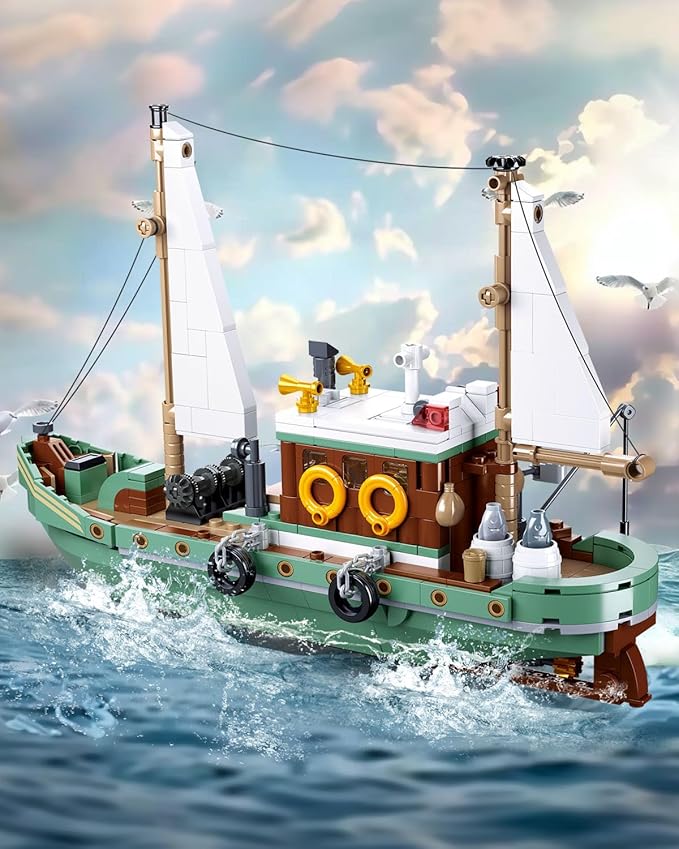 City Fishing Boat Building Kit with 3 Fisherman Minifigures Ship Building Sets with Fishing Rods & Buckets Christmas Birthday Gifts Toys for Kids Aged 6-12 Compatible with Lego Boat 610 PCS