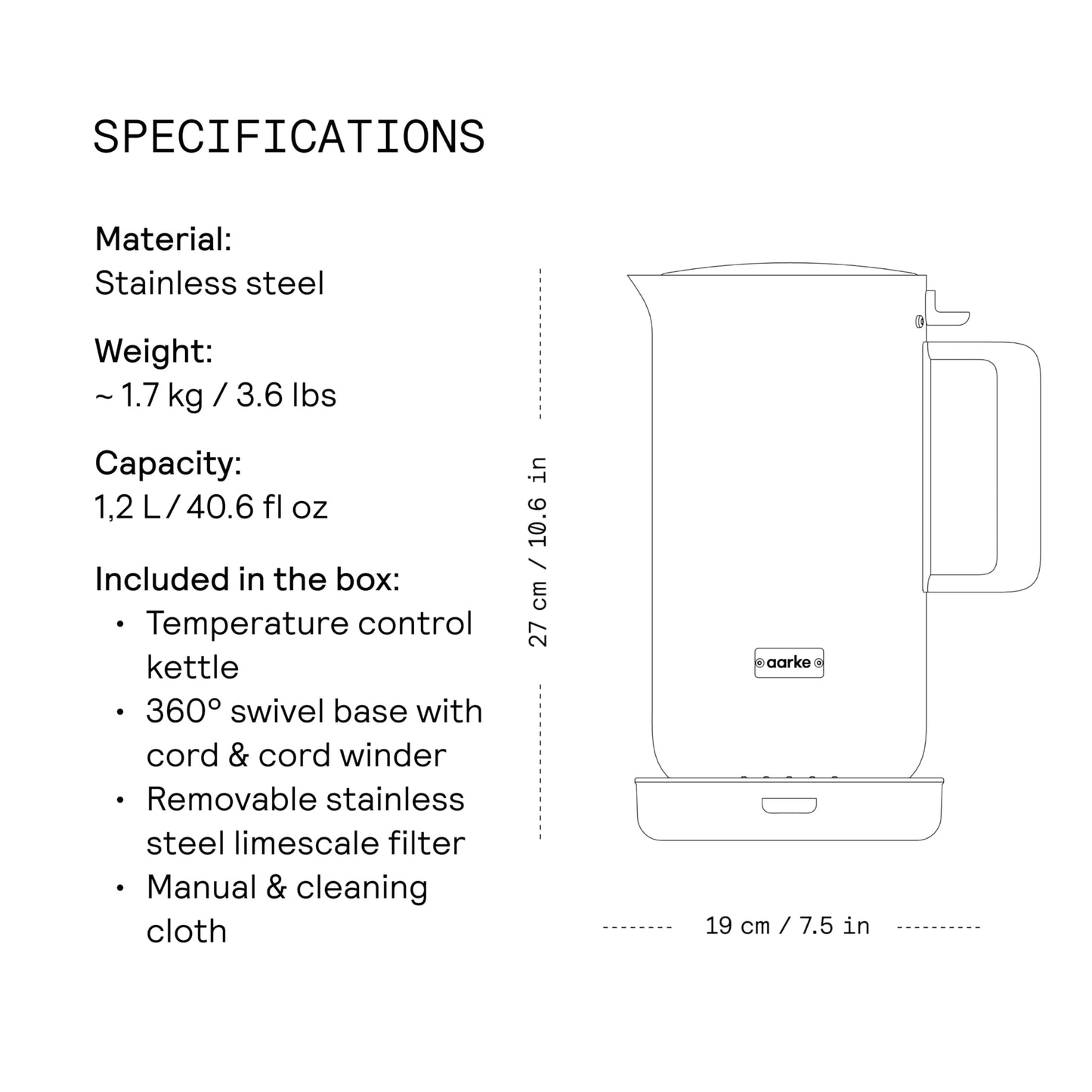 Aarke Stainless Steel Kettle - Perfect for Coffee and Tea Maker Enthusiasts, Non-Drip Spout, Double-Wall Construction, Dry Boil Protection, Heat-Safe Handle, LED Cool-Down Indicator, 1.2L (Steel)