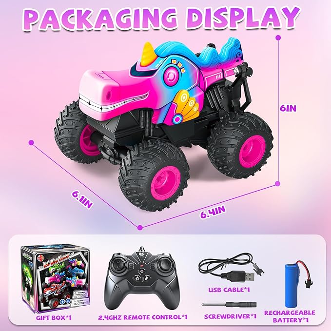YongnKids Remote Control Car for Girls 2.4Ghz Unicorn Monster Trucks with Light & MusicUnicorn Toys for Girls Age 3 4 5 6 7 8 Years 360° Rotating All Terrain RC Stunt Car Rechargeable Xmas Gift