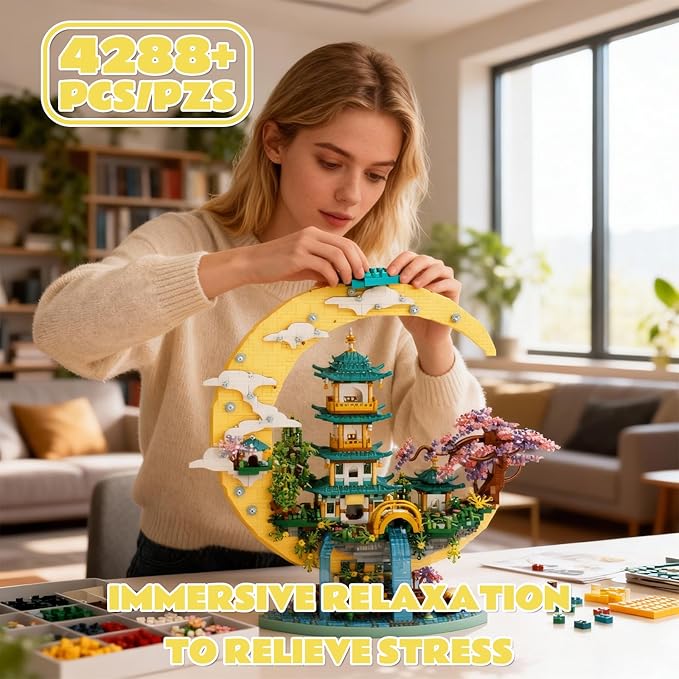 Chinese Moon Palace Architecture Building SetCherry Blossom Bonsai Bricks Micro Japanese Sakura Tree House ModelMoon-Themed Building Kit.Ideal Gift for Adults & Teens.