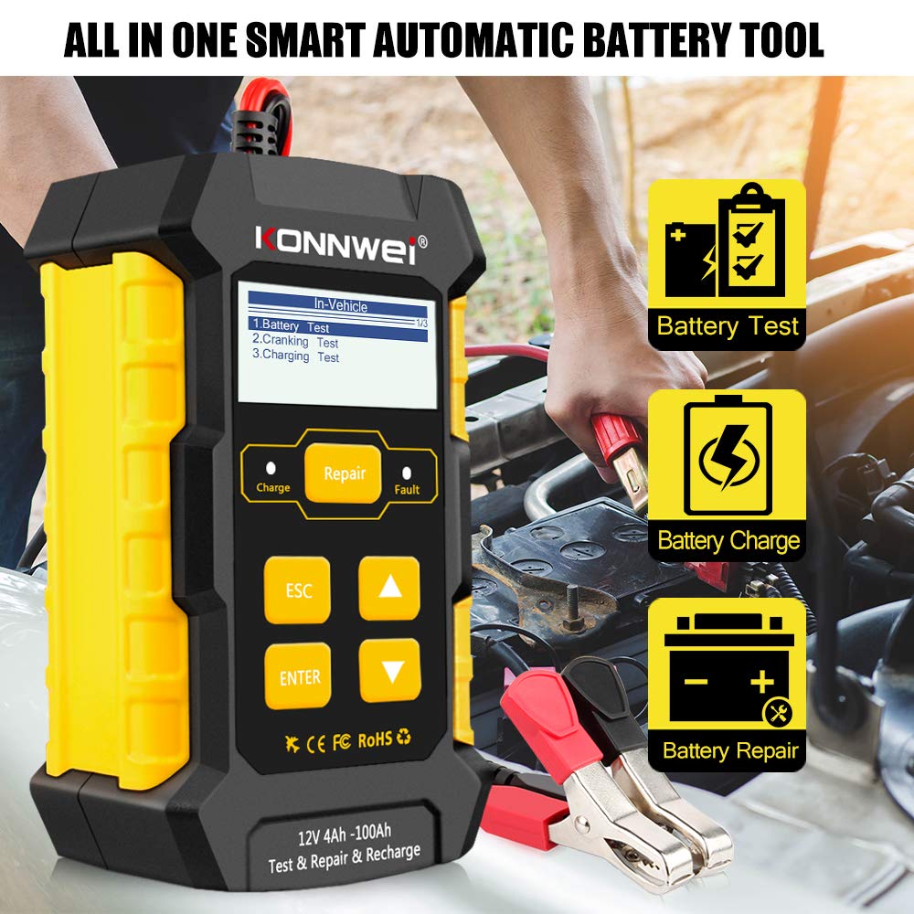 KONNWEI 3 in 1 Car Battery Charger, KW510 Battery Tester 12V 5-Amp Fully Automatic Smart Charger Automotive Pulse Repair Maintainer, Trickle Charger Battery Desulfator w/Temp Compensation