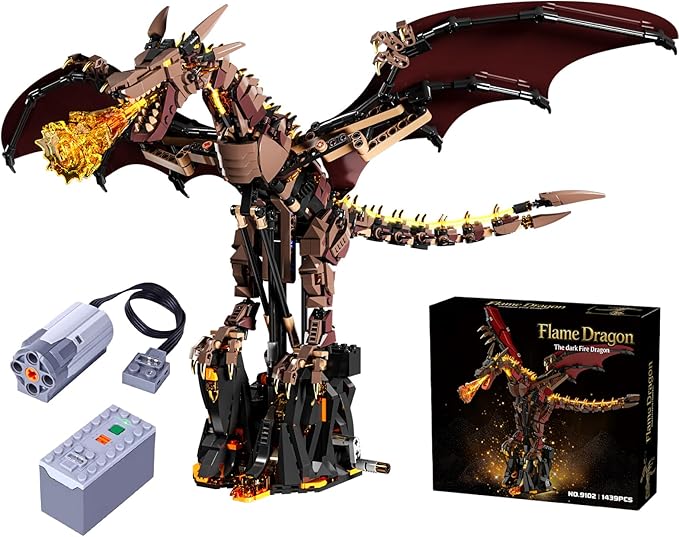 Mechanical Flame Dragon Building Block Set– Collectible Medieval Fire Dragon Model with Movable Wings & Joints Premium Set with Display Stand & Motor Perfect Hobby Gift for Adults & Teen
