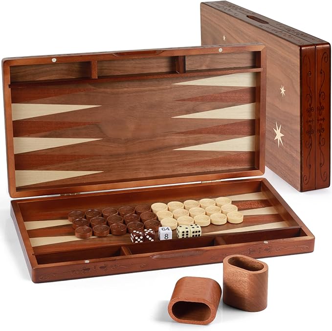 Handcrafted Wooden Backgammon Set 16 Large Size Classic Two-Player Strategy Board Premium Travel Game Board for Adults & Teenagers