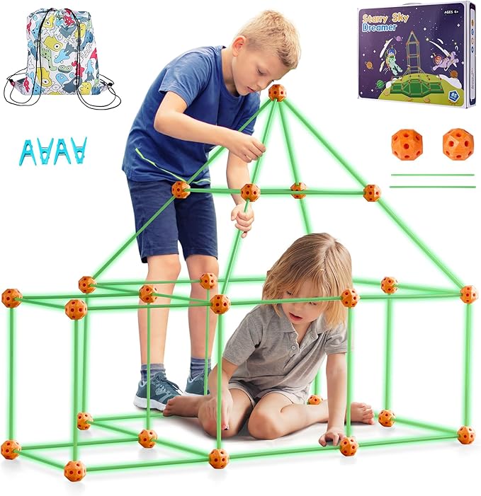 VEVOR Fort Building Kit for Kids 85PCS Glow in The Dark STEM Building Toys Educational Gift for 4 5 6 7 8+ Year Old Boys & Girls Indoor Outdoor Play Tent Construction Toys with 55 Rods and 30 B