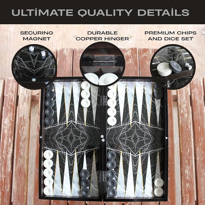Park&Oz Premium Turkish Backgammon and Checkers Set 19 Inch Handmade 2 in 1 Wooden Board Game with Glossy Finish Luxury Checkers and Dice Travel Friendly and Foldable (Black Marble)