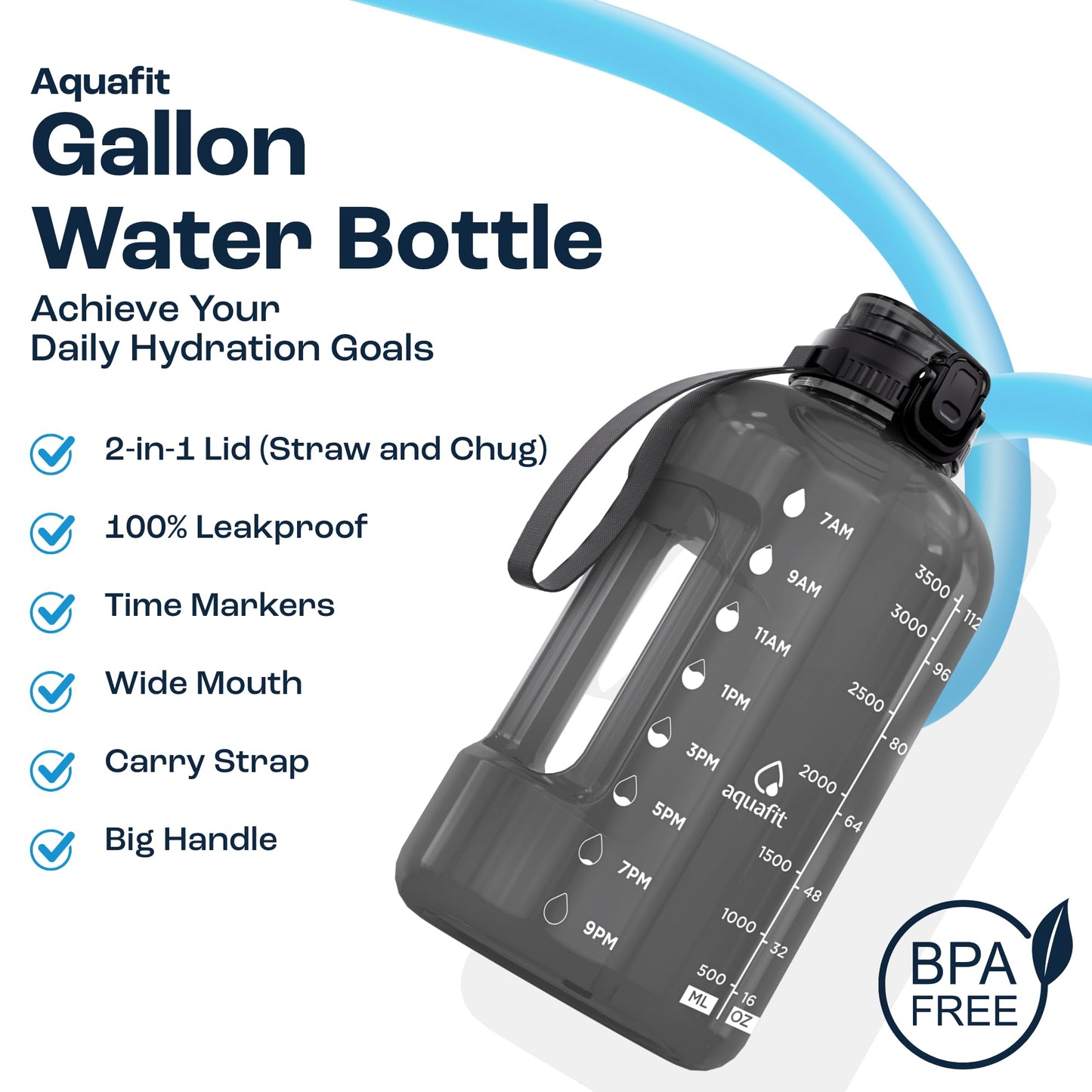 AQUAFIT 1 Gallon Water Jug with Time Marker - BPA Free 128 oz Gym Water Bottle with Straw, Handle, Gray