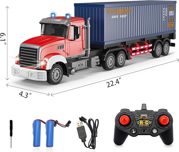 Mostop RC Semi Truck with Trailer - 22.5 Inch Remote Control Semi Truck Toy for Kids 1:24 Scale Container Truck with 2 Batteries Carrier Van Transport Vehicle with LED Light & MusicGreat Gift
