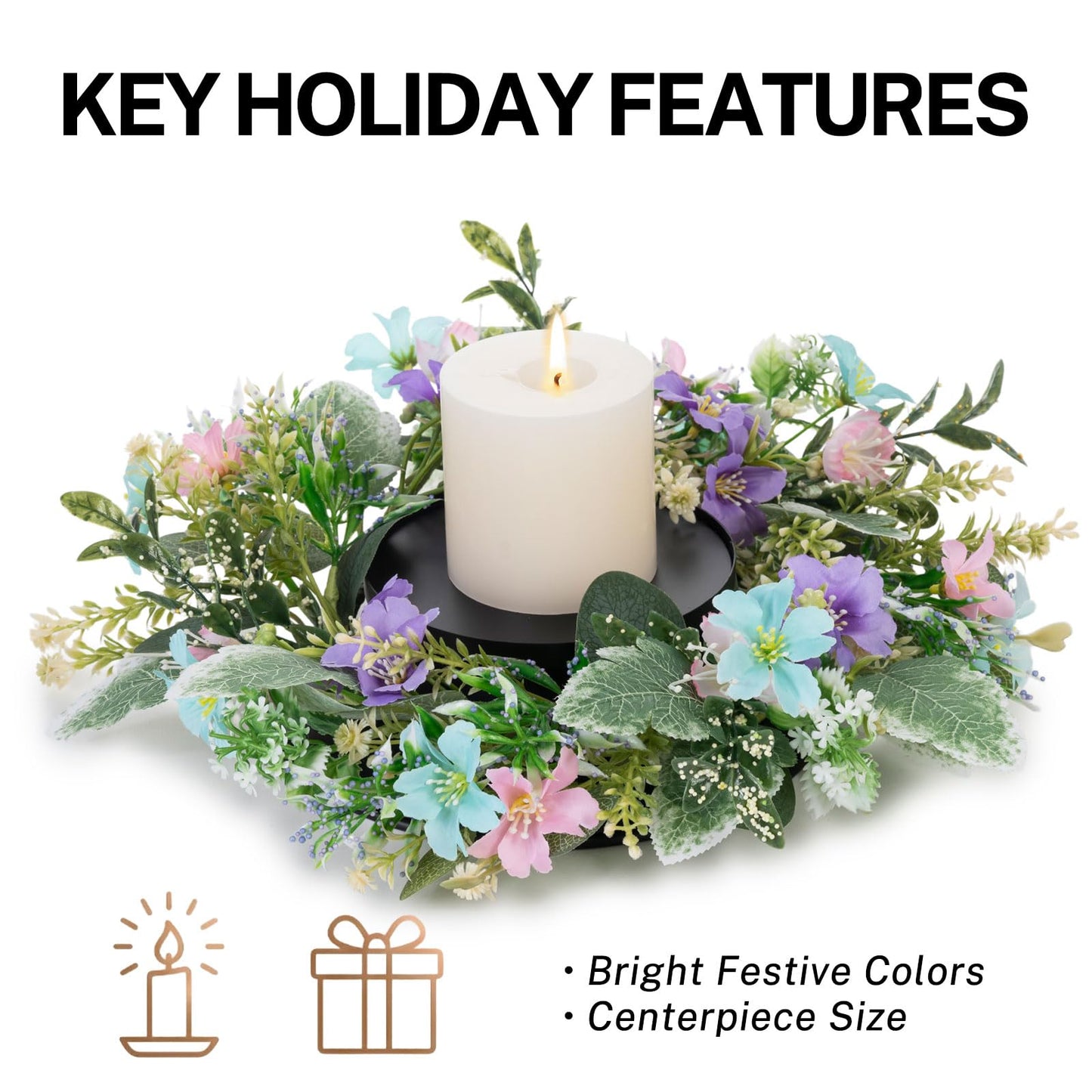 MOYEE Summer Candle Holder Centerpieces for Tables,Candle Ring, Black Metal Candlestick with an Artificial Wreath 14 in Versatile Dining Table Centrepiece (Blue and Purple Flower Wreath)