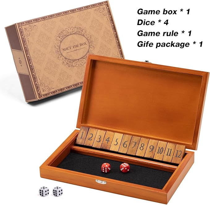 Shut The Box Dice Game with 12 Numbers and Lid Wooden Classic Board Game with 4 Dice Gift Package & Game Rules Close The Box Game for Kids Adults Family Classroom Home & Pub