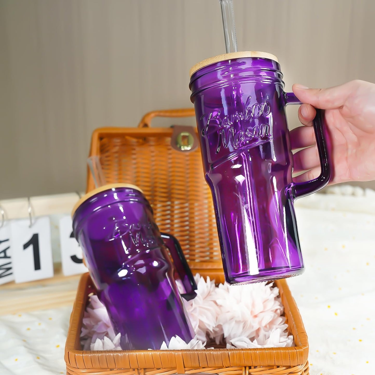 ANOTION Glass Cups with Handle, 24oz Glass Cups with Lids and Straws Travel Coffee Mug Bamboo Mason Jar Iced Cup Smoothie Tea Clear Cute Water Drinking Jars Glasses, Purple