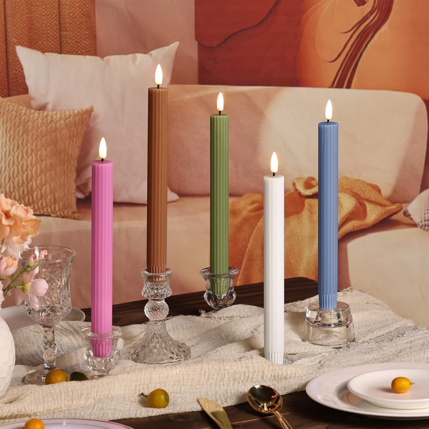 Girimax Olive Green Ribbed Fluted Flameless Taper Candles with Remote, Flickering Battery LED Wax Candlesticks Wedding Home Decor Set of 4