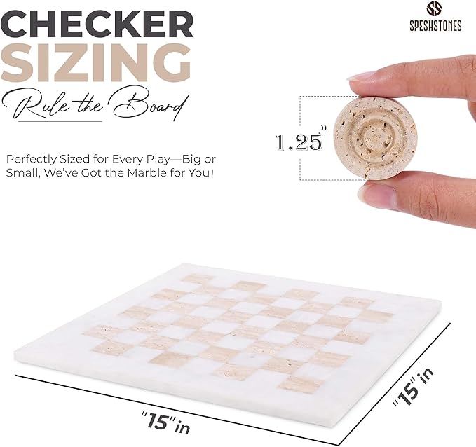 Marble Checkers Set 15 Inches Handmade White and Travertine Checkers Board Game with Checker Pieces - Board Games for Adults Game Table Accessories Gifts & Home Décor