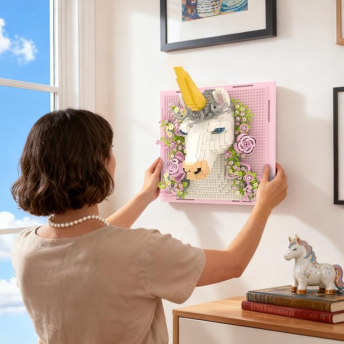 Pink Flowers Unicorn Animal 3D Wall Art Micro Mini Building Blocks Set Unique Home Wall Decor or Table Display No Compatible with Lego Ideal Gift Toy for Adults & Boys Girls 14+ (1349 PCS)