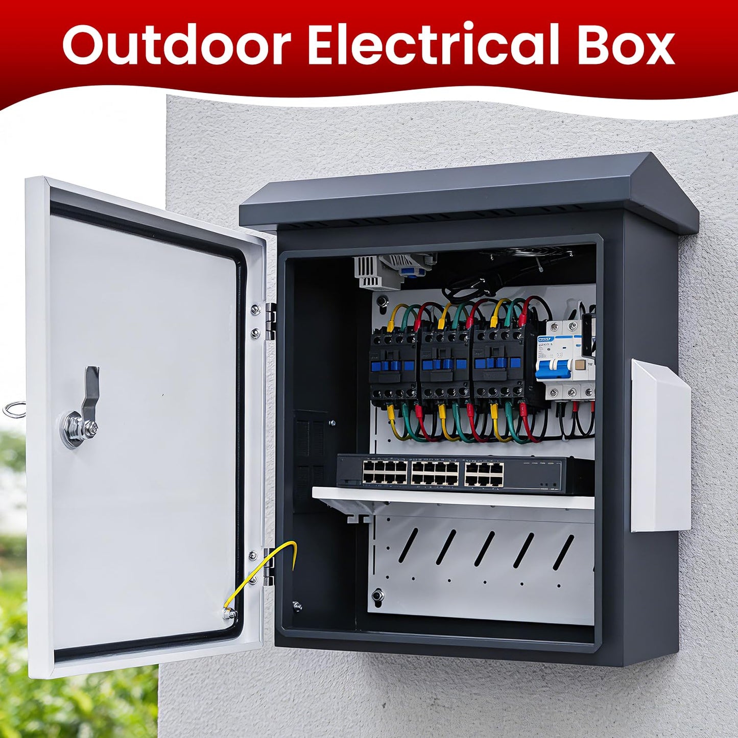 Outdoor Electrical Box with Fan and Thermostat,Weatherproof Electrical Enclosure with Dual Air Vents,Equipment Enclosure with Removable Mounting Plate,Wall/Pole Mounted (19.7" x 17.7" x 7.9")