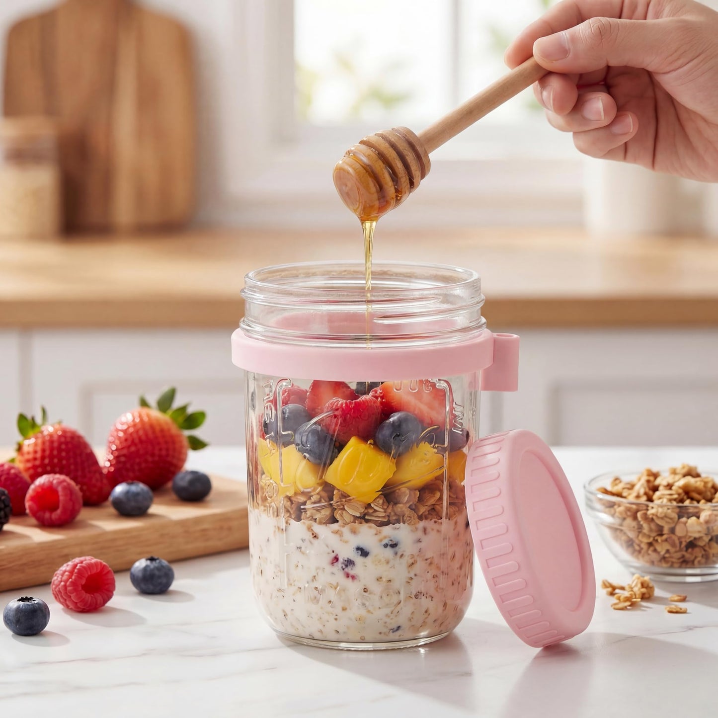 HomArtist 16oz Overnight Oats Containers with Lids and Spoons, 4 Pack Wide Mouth Mason Jars with Airtight Lids, Overnight Oats Jars for Salad, Chia Seed, Cereal, Yogurt