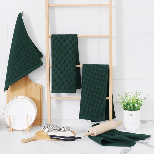 Homaxy 100% Cotton Waffle Weave Kitchen Dish Towels, Ultra Soft Absorbent Quick Drying Cleaning Towel, 13 x 28 Inches, 12-Pack, Blackish Green