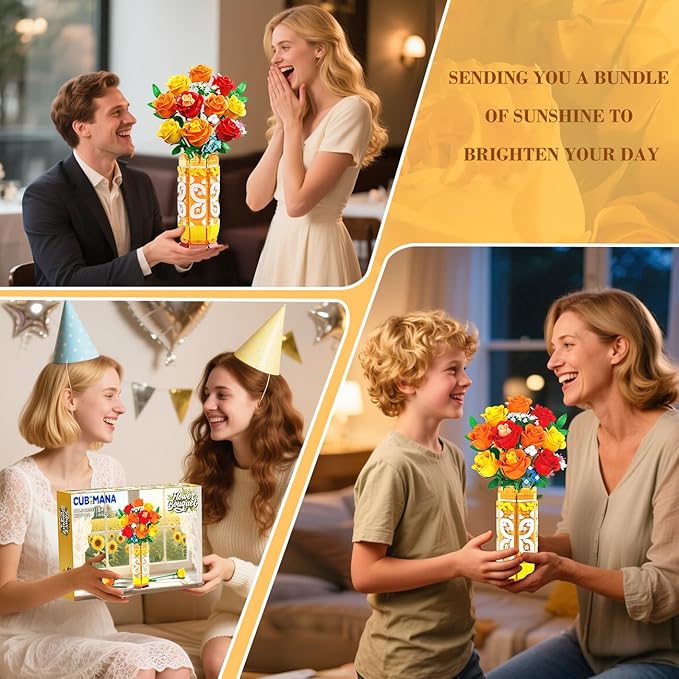 Flower Bouquet Building Set with Vase & LED Light Yellow Orange and Red Roses 3.6MM Mini Building Blocks Gifts for Women/Girlfriend/Wife Small Fake Flowers for Home Office Decor