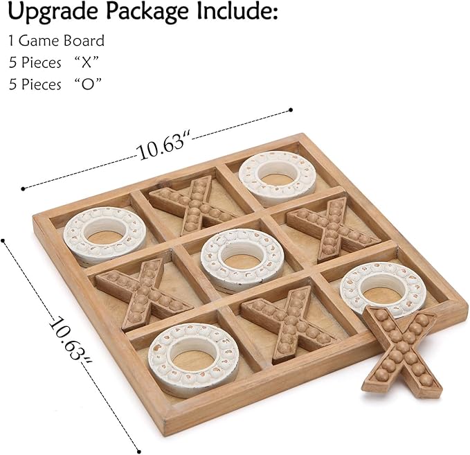 NIKKY HOME Tic Tac Toe Game Coffee Table Decor 10.6 Inch Rustic Wooden Board Wood & White