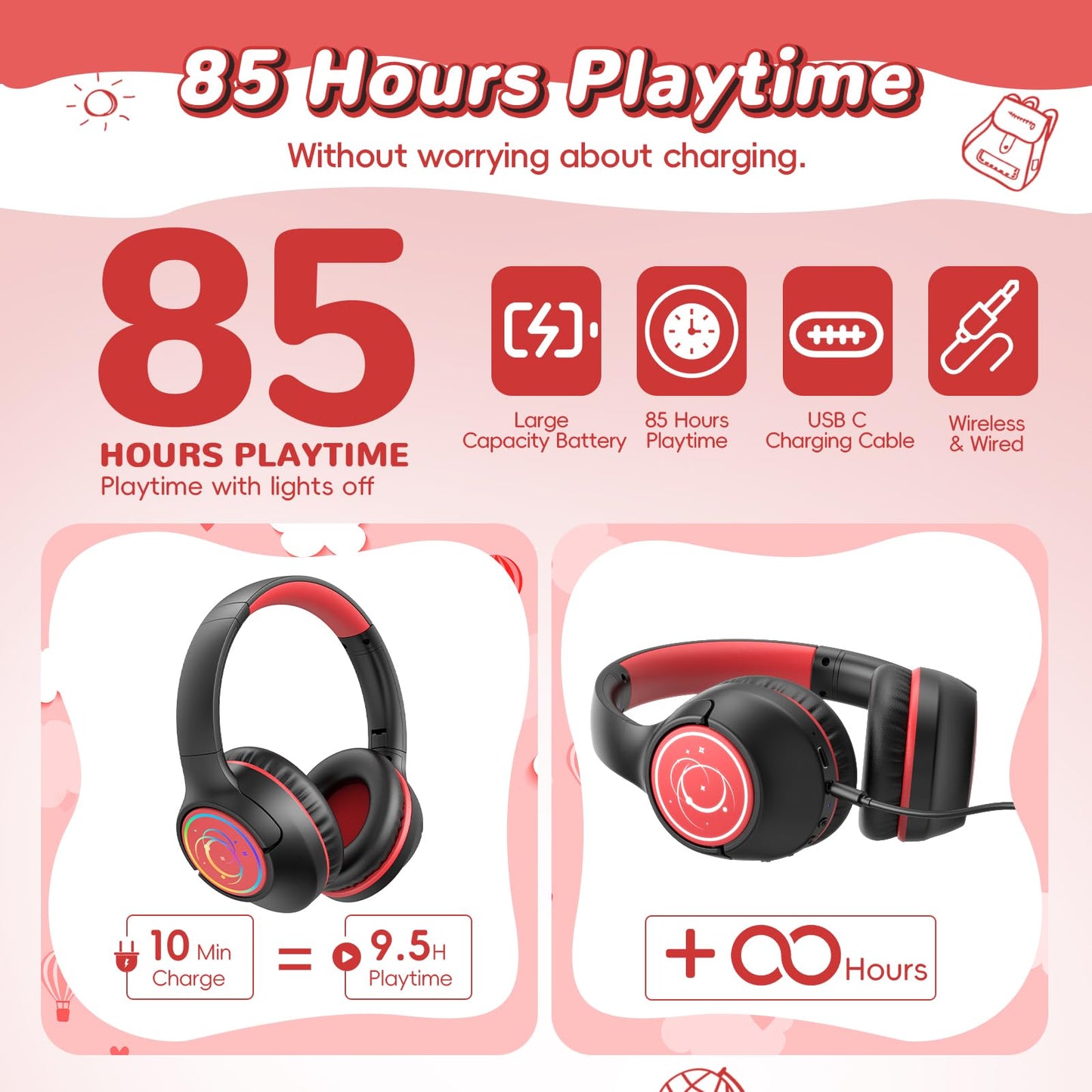 Kids Bluetooth Headphones, 85H Playtime Wireless Headphones for Kids, Colorful LED Lights, 85/94dB Safe Volume Limit, Bluetooth 5.4 Built-in Mic Toddler Headset for Tablet/Airplane/Travel (Black)