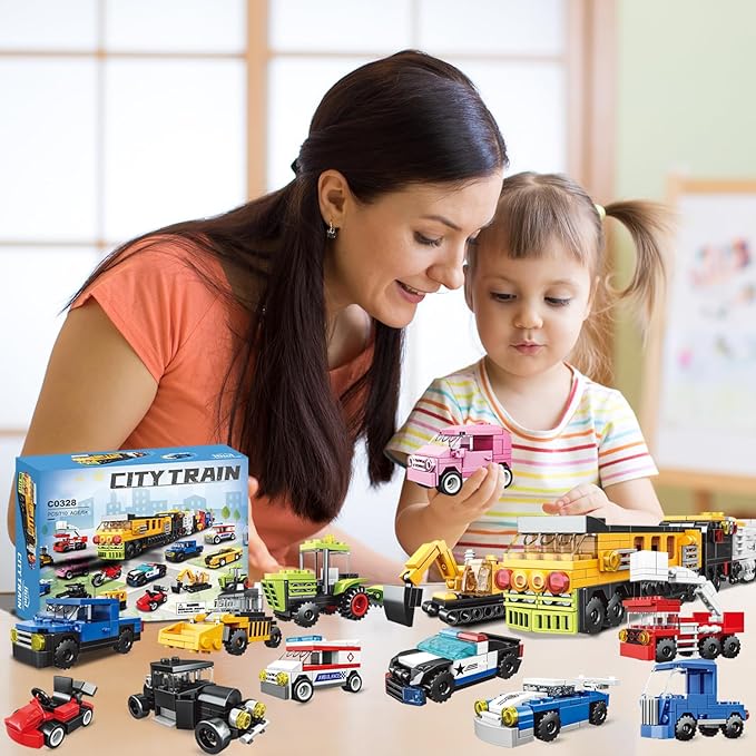 16 Pack Building Blocks Party Favors for Kids Lego-Compatible 2 in 1 710pcs Building Kits Mini City Vehicles Include Police Car & Train Christmas Toy Gifts Goodie Bag Filler Stuffers for Boys Gi