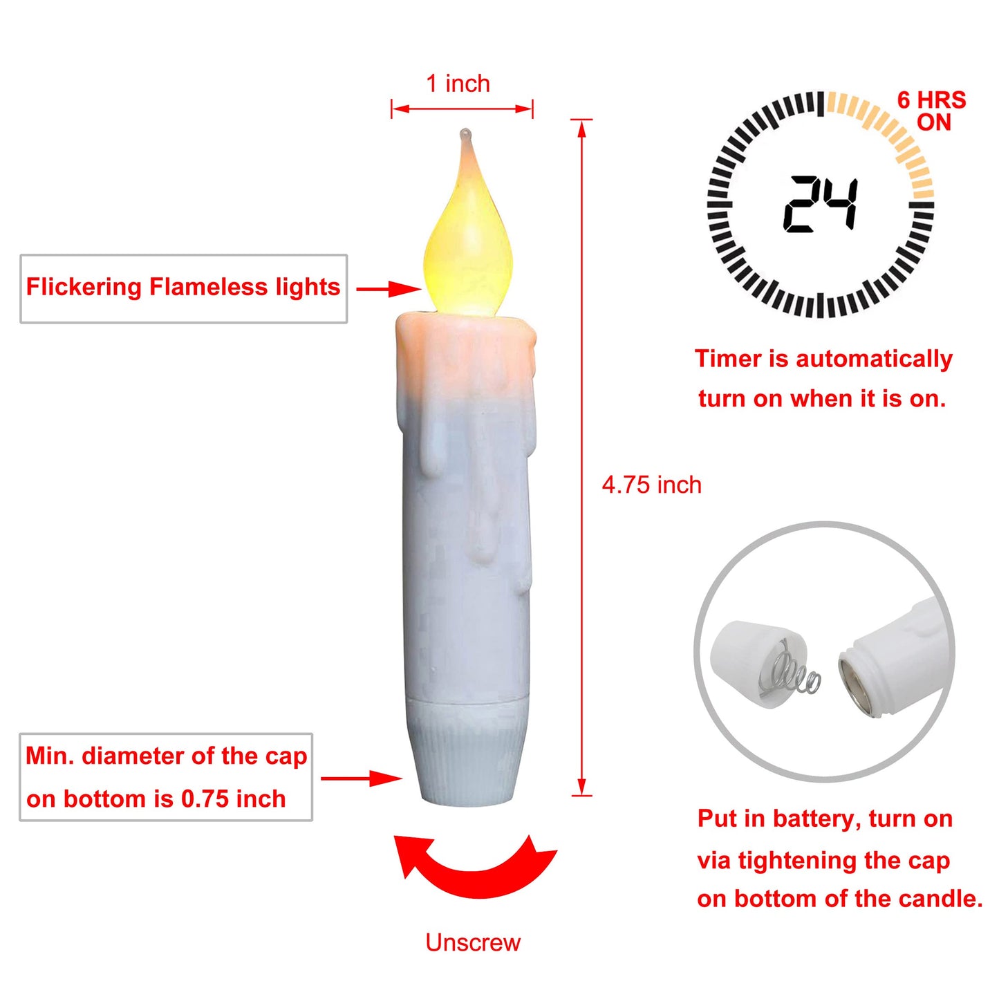 CVHOMEDECO. Flickering Taper Candles LED Drip Flameless Candles, Battery Operated with Timer, White, 4-3/4 Inch, Set of 2
