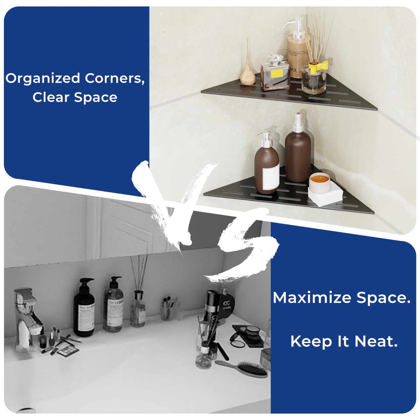 Peaktrivol Corner Shower Caddy Shelf, Recessed Built-in Bathroom Storage for Tiled 90° Walls, Matte Black 304 Stainless Steel, Set of 2