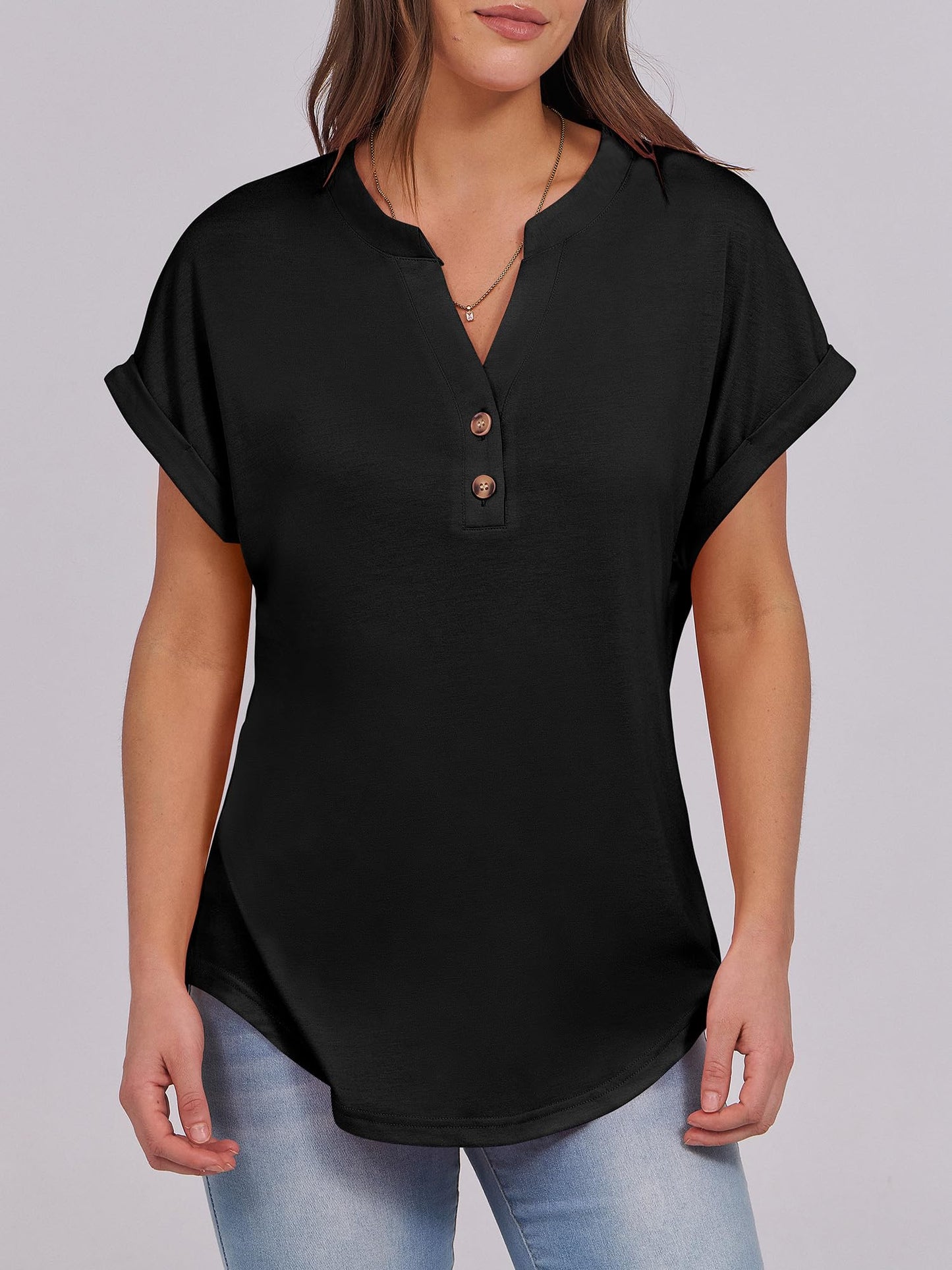 ANRABESS Womens Short Sleeve Henley Tops V Neck Dressy Casual Blouses Summer Trendy Tee Shirts 2025 Vacation Fashion Clothes Black XL