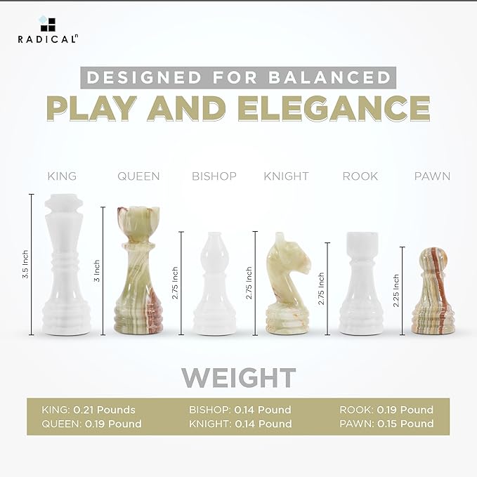 Radicaln Marble Chess Figures 3.5'' Inches White and Green Handmade Marble Chess Pieces for Board Game Figures & Board Travel Set for Adults