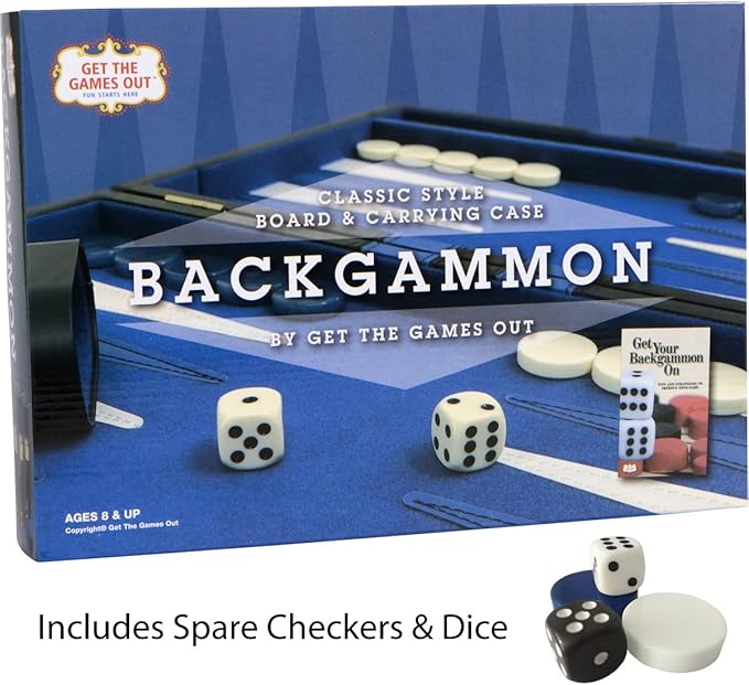 Get The Games Out Top Backgammon Set - Classic Board Game Case - Best Strategy & Tip Guide - Available in Small Medium and Large Sizes (Blue Large)