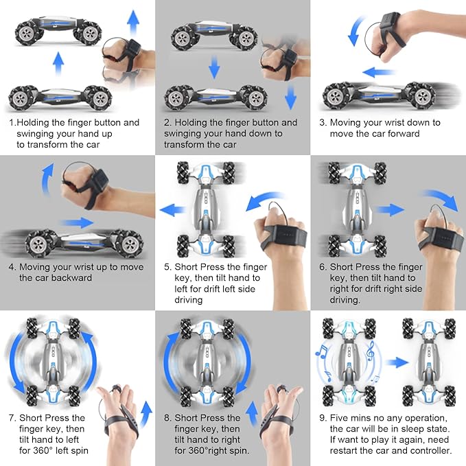 1:10 Scale Gesture Sensing Rc Stunt Car 4WD Remote Control Hand Controlled Transform Double Sided Vehicle 360° Spins with Lights Music All Terrains Monster Truck for Boys Kids