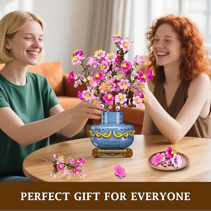 HOGOKIDS Flowers Cherry-Blossom Bonsai Building Set - 2 in 1 Artificial Bonsai Tree Plants for Home Decor & Display Cherry Botanical Building Blocks Birthday Easter Gift for Adults Teens (775PCS)