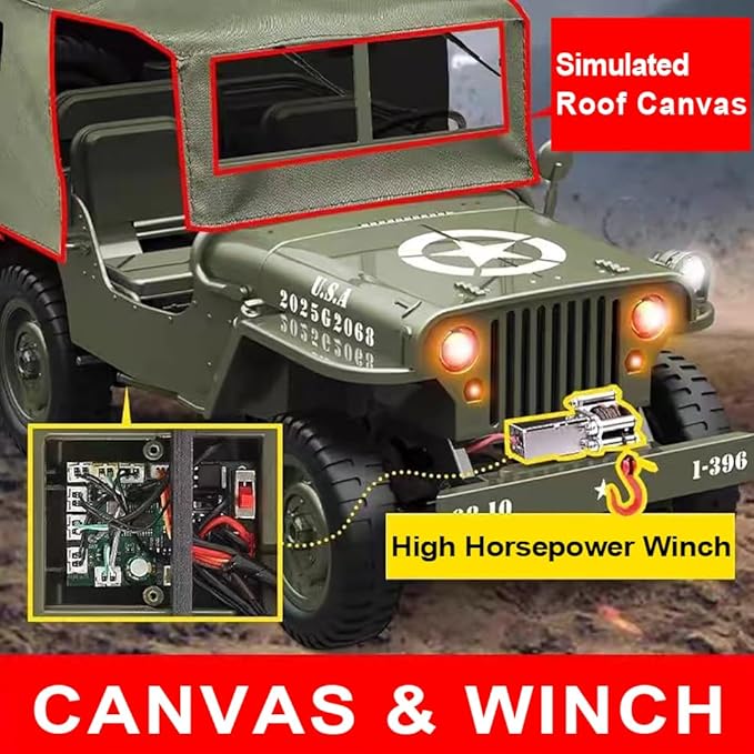 RC Military Truck Rock Crawler 1:10 4WD Off-Road Remote Control Military Jeep with Winch Canvas & 2 Batteries 2.4G All Terrain Army Climbing Vehicle with LED Lights for Kids Adult