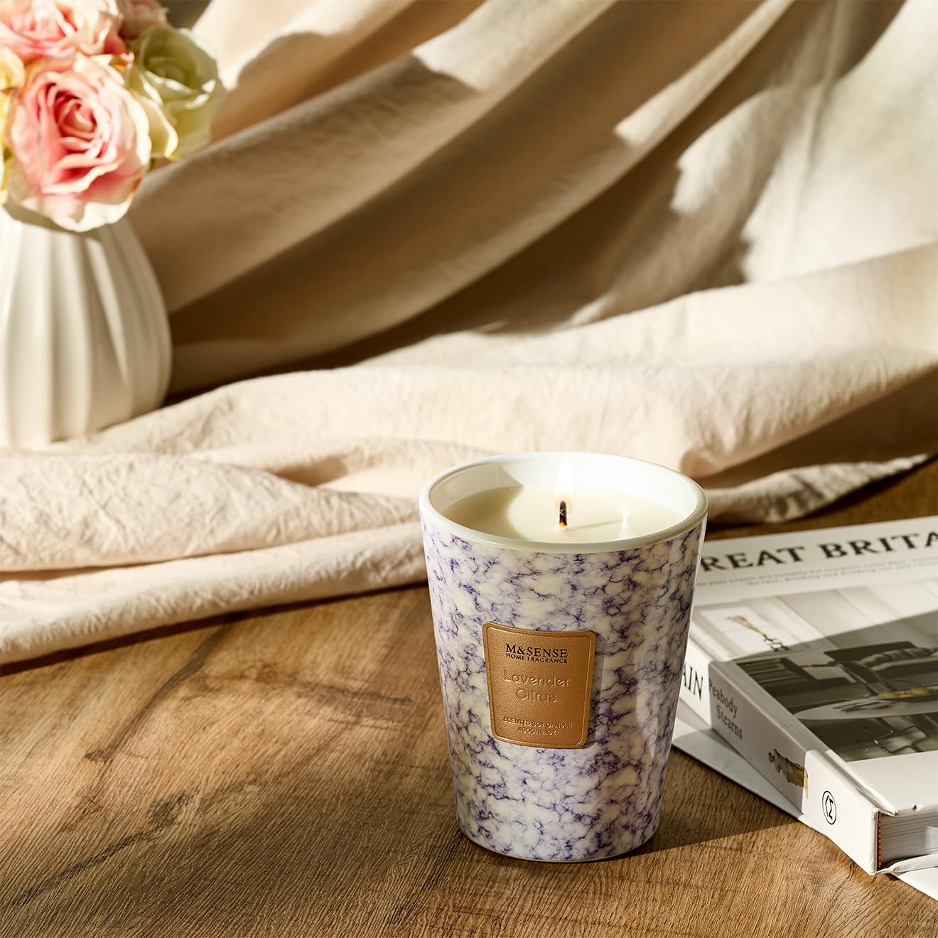 M&SENSE Lavender Citrus Scented Soy Candle, 3 Wick Highly Scented 14.1 Oz 75H, Aromatherapy Candle Gift for Women and Men